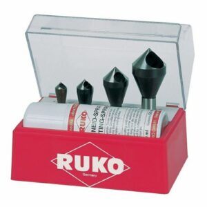 Juego de 4 avellanadores ranurados HSSE-Co 5 y spray de corte 50 ml